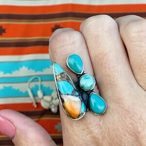 925 Sterling Silver Spiny Oyster & Kingman Turquoise Cluster Statement Ring 9